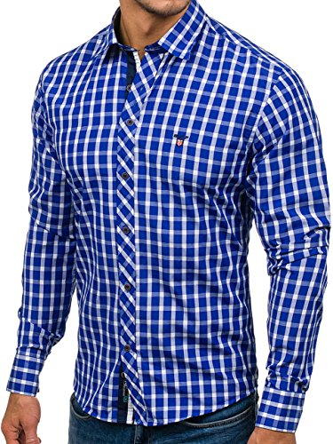 BOLF Hombre Camisa De Manga Larga Cuello Italiano Camisa de Algodón Slim fit Estilo Casual 4747 Azul Medio L [2B2]