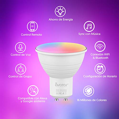 Bombilla Alexa LED Inteligente GU10, Lámpara Inteligente 5W 2700-6500K Luces Cálidas/Frías & RGB ajustable, Sincronizar con música, Conexión rápida Funciona con Alexa y Google Home,4 PCS