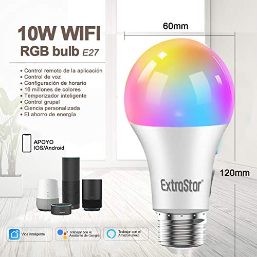 Bombilla LED Inteligente WiFi,Extrastar 2 Pack 10W E27 1000 Lm Bombilla LED Luces Cálidas/Frías & RGB, Lámpara WiFi Funciona con Alexa (Echo, Echo Dot) Google Home [Clase de eficiencia energética A+]