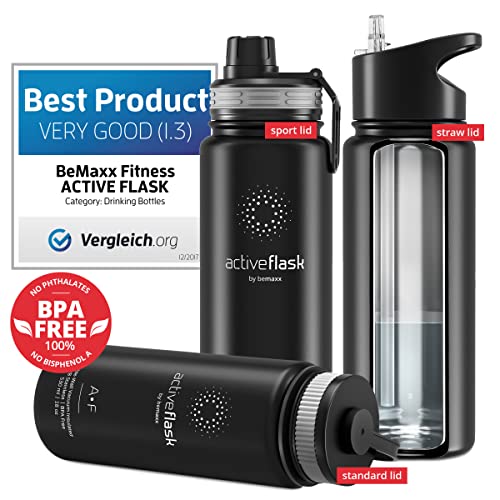 Botella de Agua Térmica Active Flask + Pajita (3 Tapones) sin BPA - 1l & 500ml | Frasco Termo de Acero Inoxidable + Aislamiento Vacío | Cantimplora Aislada Bicicleta Deporte Caliente Fría Café Té