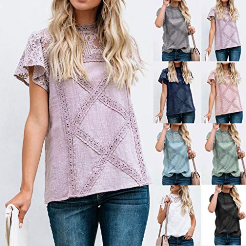 Camisetas Mujer SHOBDW Dia de la Mujer Verano Patchwork De Encaje Casual Ahuecar Volantes Manga Corta Suéter De Cuello De Tortuga Linda Blusa Floral Camiseta Blanca para Mujer (S, Rosa)