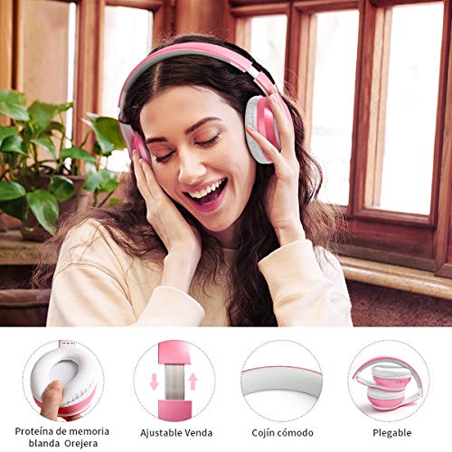 Cascos Inalambricos Bluetooth, Auriculares Diadema Estéreo Inalámbricos Plegables, Micrófono Incorporado, Cascos Bluetooth Inalámbrico y Audio Cable para PC/ MP3/Móviles/TV(Rosa)