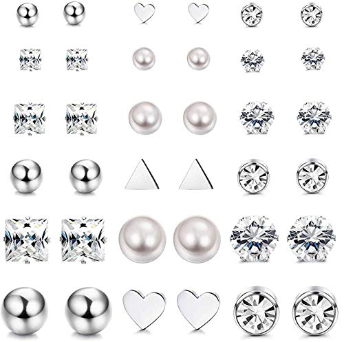 CASSIECA 18 Pares Acero Inoxidablede Pequeño Pendientes Studs Set para Mujer Niñas Pendientes Corazon Bolas Triangulo Pendientes Circonita Piercing Arete