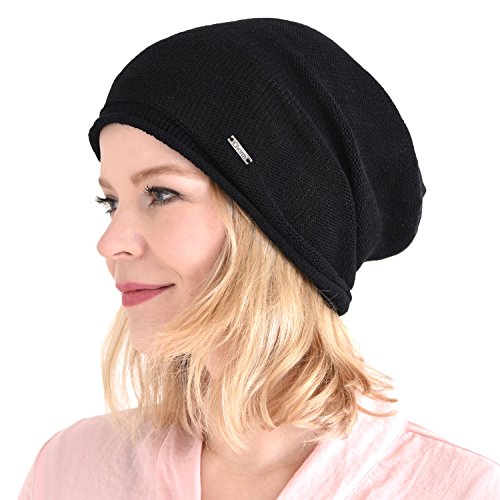 CHARM Casualbox 100% Seda Gorros Beanie Natural Quimio Sombrero Sensible Piel Grande Desgarbado Negro