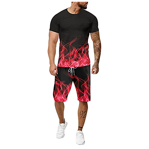 Chejarity Chándal para hombre, camiseta y pantalón corto, conjunto de camiseta y pantalón corto de verano, ropa deportiva de dos piezas, C-rojo., XXXXXXL