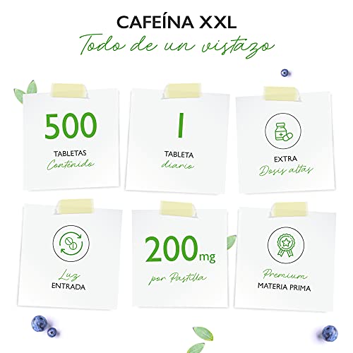 Comprimidos de cafeína con 200 mg cada uno - 500 comprimidos - Sin aditivos no deseados - Altamente dosificado - Vegano