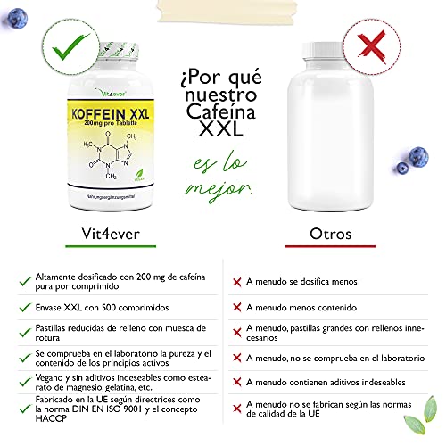 Comprimidos de cafeína con 200 mg cada uno - 500 comprimidos - Sin aditivos no deseados - Altamente dosificado - Vegano