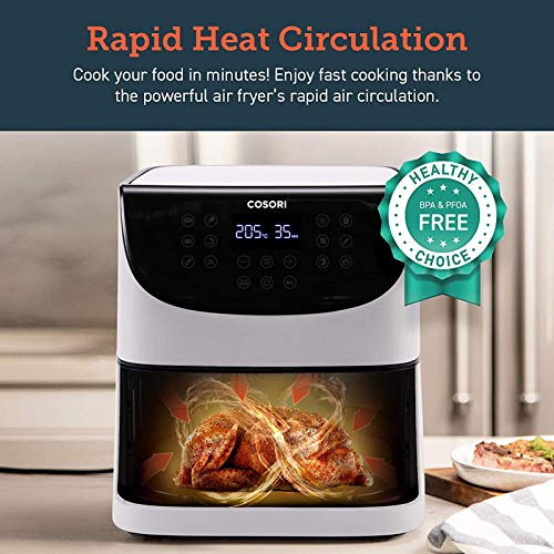 COSORI Freidora sin Aceite 5,5L, Freidora Aire Caliente con 11 Programas, Air Fryer con Función Mantener Caliente, Pantalla LED Táctil, Temporizador, Sin BPA ni PFOA, 100 Recetas, 1700W, Blanco