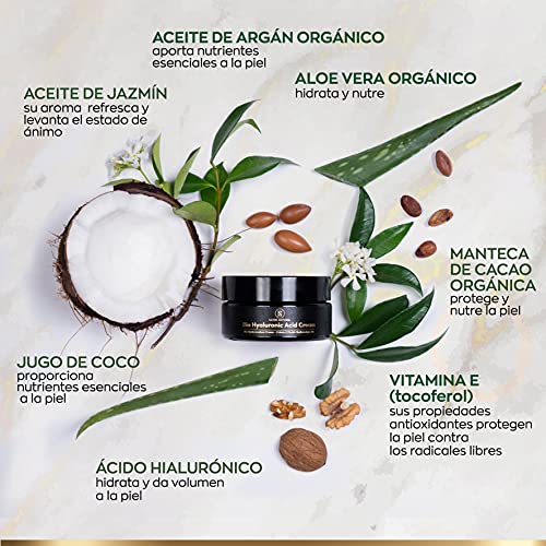 Crema Facial de Acido Hialuronico Puro ORGÁNICA 50 ml - Vegano de Alta Calidad - Crema Antiarrugas para Mujer con Aloe Vera y Vitamina E - Usar con un Serum Facial - Cremas Faciales