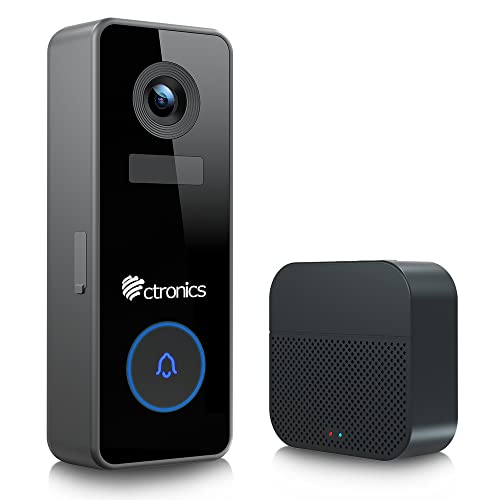 Ctronics Timbre Inalámbrico con Cámara HD 1080P, Videotimbre WiFi con Alarma Antirrobo, Detección Humana PIR, Audio Bidireccional, Admite Tarjeta SD y Almacenamiento en la Nube, IP66 Impermeable