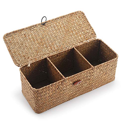 DECRAFTS Cestos Almacenaje Seagrass con Tapa Caja Mimbre Rectangular con Compartimentos Decorativas para Organizar Juguetes de Papel Higiénico