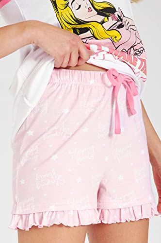 Disney Pijamas Mujer Verano, Pijama De Algodón con Camiseta Y Pantalones Cortos De La Bella Durmiente, Regalos Originales para Mujer S-XL (Rosa, M)