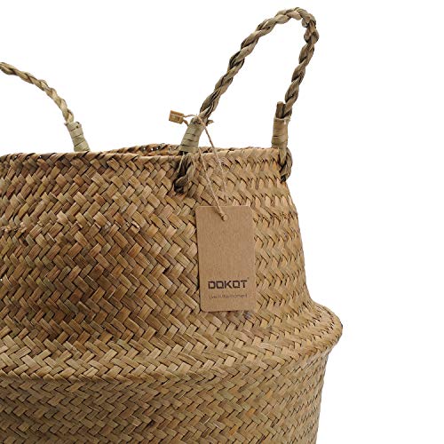 DOKOT Natural Seagrass Mimbre Cesta de Cesteria, Cestos para la Colada con Asa, Cesta Plegable para el Vientre Maceta, Decoracion para el Hogar Almacenar Juguetes, Ropa, Fruta o Plantas 36 x 32cm