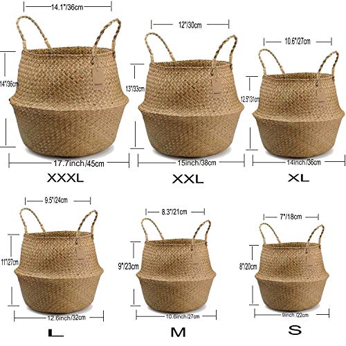 DOKOT Natural Seagrass Mimbre Cesta de Cesteria, Cestos para la Colada con Asa, Cesta Plegable para el Vientre Maceta, Decoracion para el Hogar Almacenar Juguetes, Ropa, Fruta o Plantas 36 x 32cm