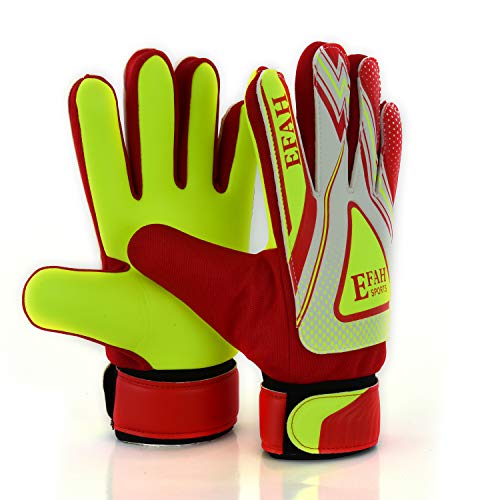 EFAH Guantes de Portero de fútbol para niños y niñas con Fuerte Agarre Protector Palmas (Red/Yellow, Size 2 Suitable for 4 to 5 Year Old)