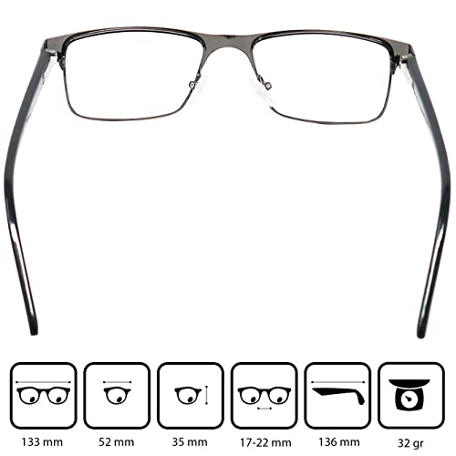 Elegantes Gafas con Filtro de Luz Azul Unisex para Leer con Lentes Rectangulares, Funda GRATIS, Montura Cuadradas de Acero Inoxidable (Grafito), Para Hombre y Mujer +1.0 Dioptrías