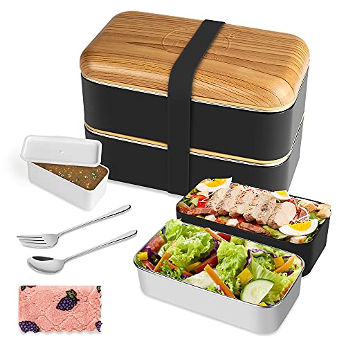 Fiambrera, Bento Lunch Box con 2 Recipiente de Acero Inoxidable y 2 Recipiente de PP Ecológicos, Bento Box Estilo Japonés con Cubiertos Cuchara y Tenedor, Fiambrera Para Adultos/Niños