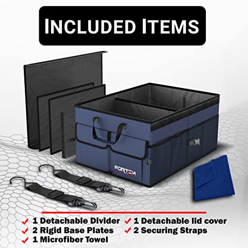 Fortem Organizador de Maletero para Coche, Caja de Almacenamiento Plegable con Compartimentos, Base Antideslizante, Correas, Bolsillos (Grande, Azul)