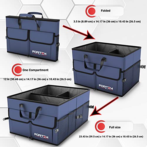 Fortem Organizador de Maletero para Coche, Caja de Almacenamiento Plegable con Compartimentos, Base Antideslizante, Correas, Bolsillos (Grande, Azul)