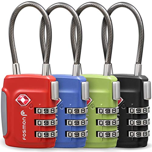 Fosmon Cerraduras de Equipaje aprobadas por la TSA, (4 Pack) Códigos de candado de combinación de 3 dígitos con Cuerpo de aleación - Negro, Verde, Rojo y Azul