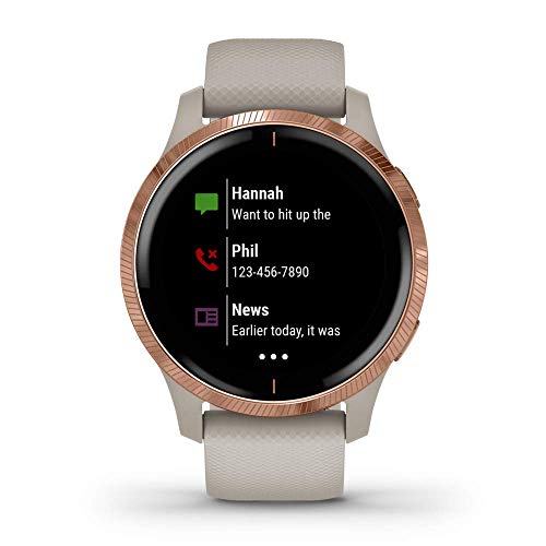 Garmin Venu, Smartwatch GPS con pantalla táctil brillante, cuenta con música, monitoreo de energía corporal, sensores de buey de pulso y más, arena clara con hardware de oro rosa (renovado)