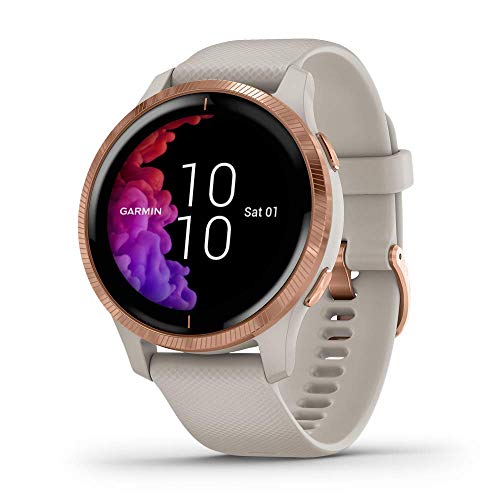 Garmin Venu, Smartwatch GPS con pantalla táctil brillante, cuenta con música, monitoreo de energía corporal, sensores de buey de pulso y más, arena clara con hardware de oro rosa (renovado)