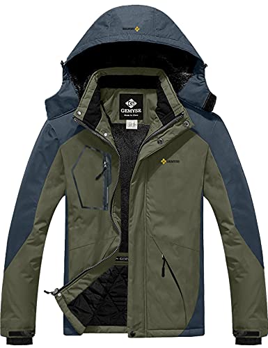 GEMYSE Chaqueta de Esquí Impermeable de Montaña para Hombre Abrigo de Invierno de Lana Antiviento con Capucha (Ejército Verde Gris 02,M)