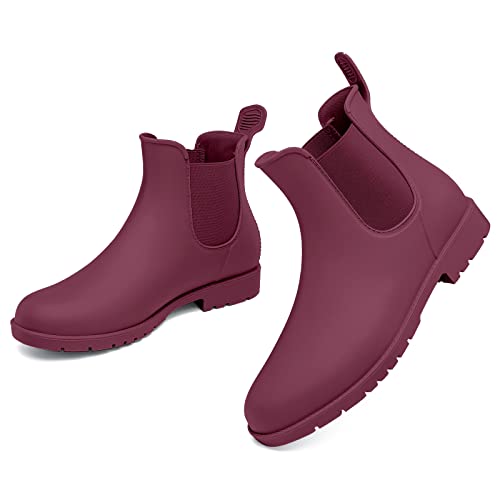 GEWEO Mujer Botas de Lluvia Elegante Chelsea Talón Grueso Wellington Botines para Lluvia Impermeables Botines Agua Antideslizante Goma Tobillo Slouch Boots Rojo 43EU