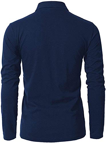 GNRSPTY Polo Manga Larga Hombre Algodon Slim Fit Camiseta Colores de Contraste Bordado de Ciervo Deporte Basic Golf Negocios T-Shirt Top,Azul,XL