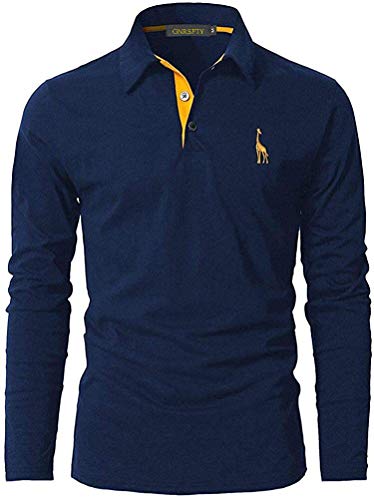 GNRSPTY Polo Manga Larga Hombre Algodon Slim Fit Camiseta Colores de Contraste Bordado de Ciervo Deporte Basic Golf Negocios T-Shirt Top,Azul,XXL