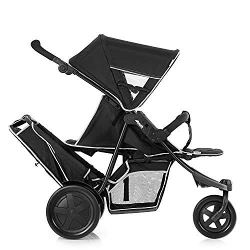 Hauck Freerider Silla de paseo gemelar para 1 o 2 niños de diferentes edades, asientos desmontables, tandem, de 0 meses (acoplando capazo blando) hasta 2 x 15 kg, dos protectores de lluvia, negro