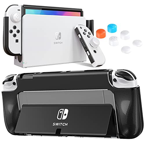 HEYSTOP Carcasa para Nintendo Switch OLED, Funda Protectora Switch OLED con Agarre Ergonómico de TPU Comfort y Agarres para el Pulgar para Nintendo Switch OLED Model, Anti-Choques/Arañazo, Negro