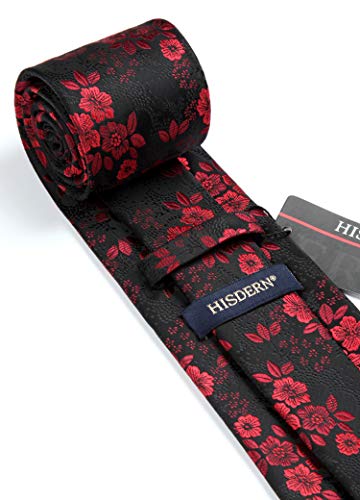 HISDERN Extra largo Floral Paisley lazo del panuelo Hombres Corbata & Plaza de bolsillo Conjunto Rojo/negro