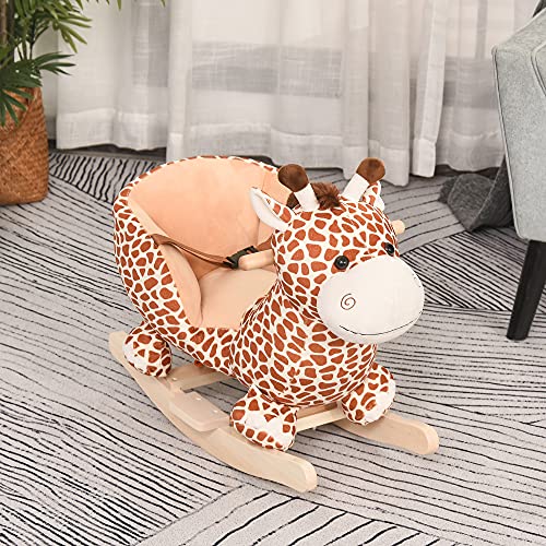 HOMCOM Caballito Balancín Bebé +18 Meses Balancín Peluche Madera con 32 Canciones Cinturón de Seguridad Girafa de Peluche 60x33x45cm