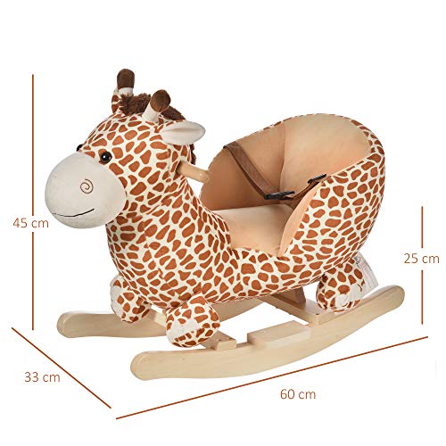 HOMCOM Caballito Balancín Bebé +18 Meses Balancín Peluche Madera con 32 Canciones Cinturón de Seguridad Girafa de Peluche 60x33x45cm