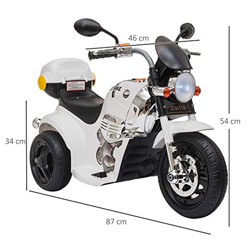 HOMCOM Moto Triciclo Eléctrico para Niños de +18 Meses Moto Eléctrica Infantil con 3 Ruedas Batería 6V con Botón de Música Bocina Luces y Maletero 87x46x54 cm Blanco