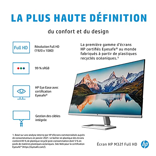 HP M32f Monitor – 31,5 Pulgadas, Pantalla Full HD IPS, 75 Hz, Tiempo de Respuesta de 7 ms, VGA, 2 x HDMI 1.4, AMD Freesync, Plateado/Negro.