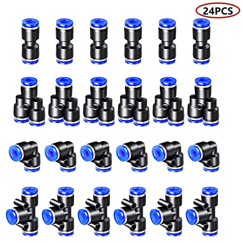 HUAZIZ 24 Pcs Conexiones Neumáticas Enchufe Rapido Neumatico Conectores Manguera Neumática Push Connector 4 Tipos(PY PU PE PV)Herramientas Neumáticas para la Conexión de Tuberías Aire (1/2 pulgada)