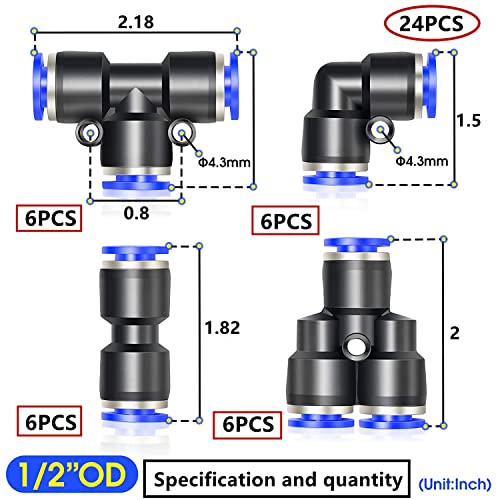 HUAZIZ 24 Pcs Conexiones Neumáticas Enchufe Rapido Neumatico Conectores Manguera Neumática Push Connector 4 Tipos(PY PU PE PV)Herramientas Neumáticas para la Conexión de Tuberías Aire (1/2 pulgada)