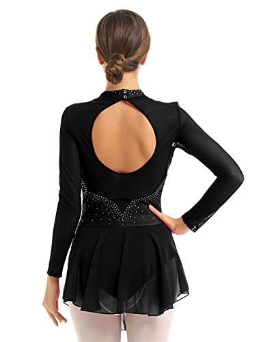 IEFIEL Vestido Patinaje sobre Hielo para Mujer Maillot de Danza Ballet Manga Larga Maillot con Falda Maillot de Gimnasia Ritmica Adulto S-XL S Negro XL