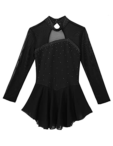 IEFIEL Vestido Patinaje sobre Hielo para Mujer Maillot de Danza Ballet Manga Larga Maillot con Falda Maillot de Gimnasia Ritmica Adulto S-XL S Negro XL