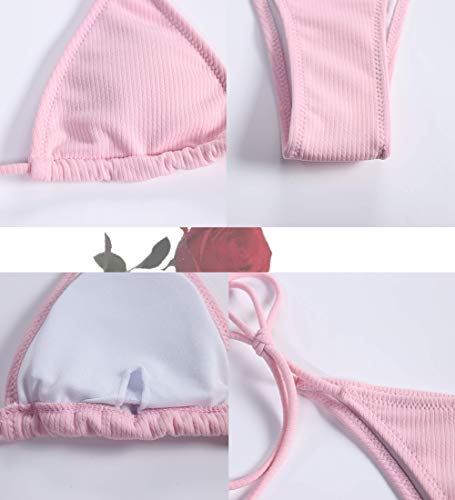 JFAN Bikini de Lazo Acanalado para Mujer Traje de Baño Brasileño con Parte Inferior Descarada(Rosa,S)