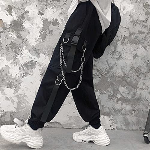 Kaibia Pantalones Cargo Hombres Cadenas Bolsillo Punk Pantalones de chándal Negros Pantalones góticos Harajuku Jogger Ropa de Mujer Hip-Hop Streetwear Techwear-S