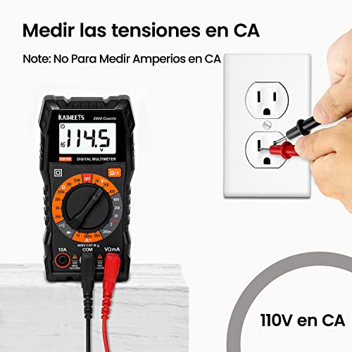 KAIWEETS KM100 Multímetro Digital, Polimetro para Medir Continuidad, Tensión en CA y CC, Amperios en CC, Resistencia, Diodo, Voltímetro con Doble Fusibles, Cables de Prueba y Miniestuches