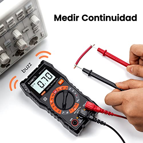 KAIWEETS KM100 Multímetro Digital, Polimetro para Medir Continuidad, Tensión en CA y CC, Amperios en CC, Resistencia, Diodo, Voltímetro con Doble Fusibles, Cables de Prueba y Miniestuches