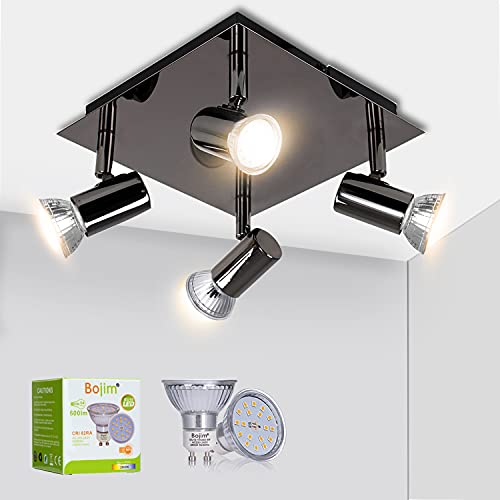 Lámpara de Techo LED Cromada Negra Cuadrada Bojim 4 Focos Modernos, 6W GU10 2800K Blanco Cálido AC220-240V, IP20 Placa Cuadrada Foco Ajustable para Dormitorio Cocina Sala de Estar, Bombillas Incluidas