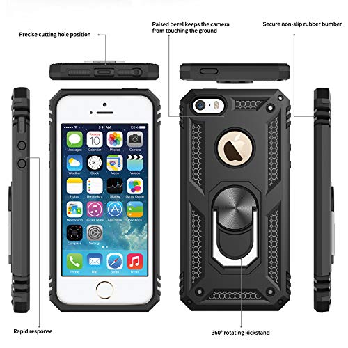 LeYi Funda iPhone SE/5S/5 Armor Carcasa con 360 Anillo iman Soporte Hard PC y Silicona TPU Bumper antigolpes Fundas Carcasas Case para movil iPhone SE/5S/5 con HD Protector de Pantalla,Negro