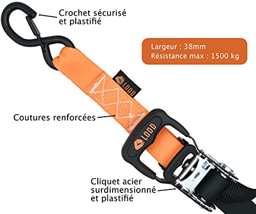 LODD - Correas de motocicleta con trinquete - Amarres de manillar anti arañazos para motocicletas de carretera y pista. Ganchos de seguridad con plástico, resistencia de 1500 kg. Bolsa de transporte.