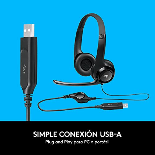 Logitech H390 Auriculares con Cable, Sonido Estéreo y Micrófono USB con Supresión de Ruido, Controles Integrados en el Cable, PC/Mac/Portátil/Chromebook - Negro