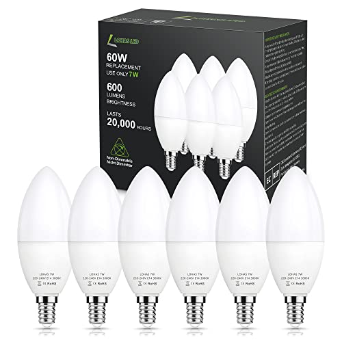 LOHAS 7W Bombilla LED E14 Vela, Blanco Cálido 3000K, 600 Lumen, equivalente a 60 W, Bombilla LED de Tornillo Edison Pequeñas, Bombilla para Lámpara Decorativa, No Regulable, paquete de 6